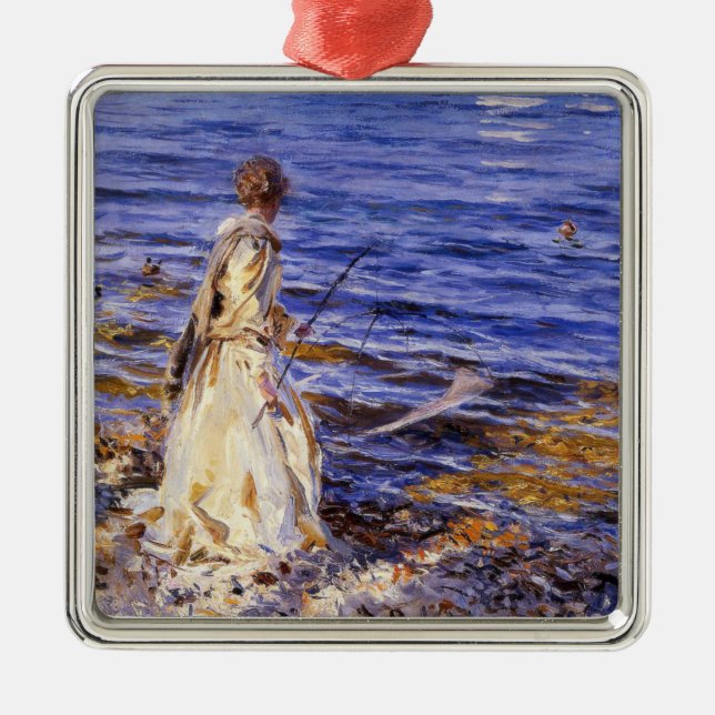 Ornement Carré Argenté Girl Fishing (par John Singer Sargent) (Devant)