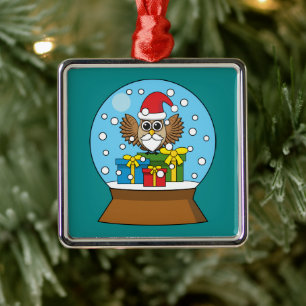 Ornement Carré Argenté Globe des neiges avec Chouette du Père Noël