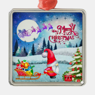 Ornement Carré Argenté Gnome de Noël enneigé et cadeaux du traîneau du Pè