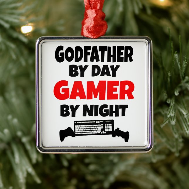 Ornement Carré Argenté Godfather aime jouer aux jeux vidéo (Arbre)