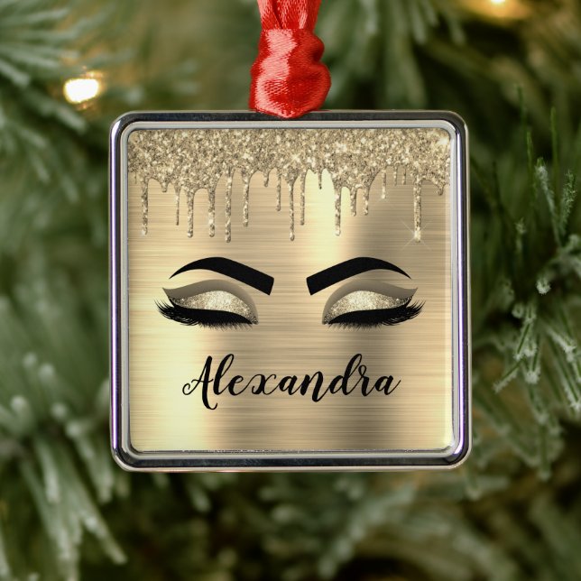 Ornement Carré Argenté Gold Glitter Sparkle Eyelashes Monogram (Arbre)