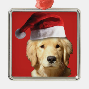 Ornement Carré Argenté Golden Retriever de Noël