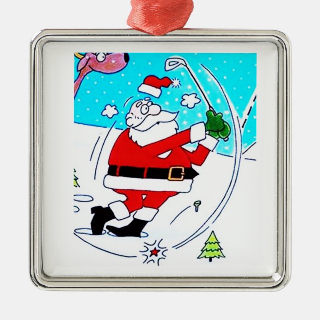 ORNEMENT CARRÉ ARGENTÉ *GOLFING PÈRE NOËL* ORNAMENT DE NOËL (Devant)