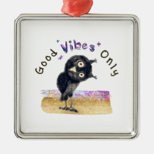 Ornement Carré Argenté Good Vibes seulement avec Chouette curieuse