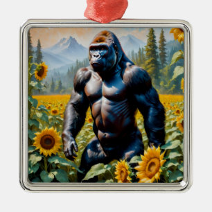 Ornement Carré Argenté Gorille Ape Dans Un Champ De Tournesol