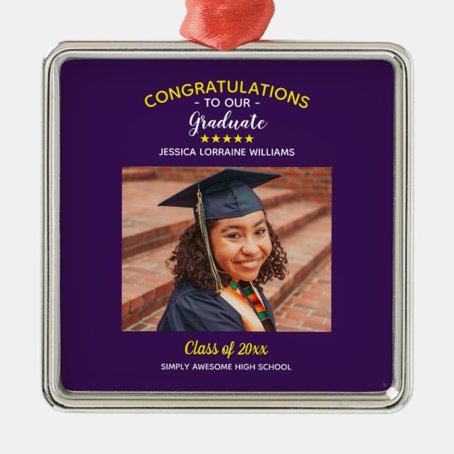 Ornement Carré Argenté Graduation Custom Photo Félicitations Diplômé (Devant)
