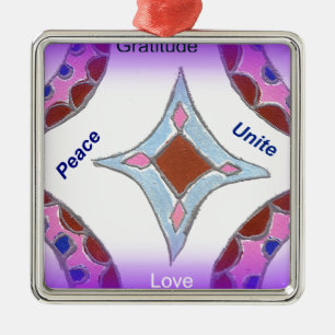 Ornement Carré Argenté "Gratitude Peace Love Unite" Mandala Art Imprimer