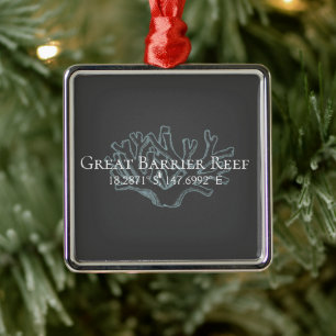 Ornement Carré Argenté Great Barrier Reef Latitude  Longitude  Plaque