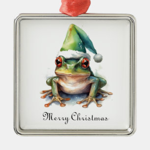 Ornement Carré Argenté Grenouille verte de Noël, personnalisable