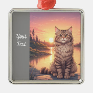 Ornement Carré Argenté Grey Tabby Chat par lac
