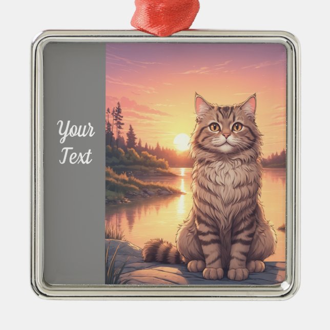Ornement Carré Argenté Grey Tabby Chat par lac (Devant)
