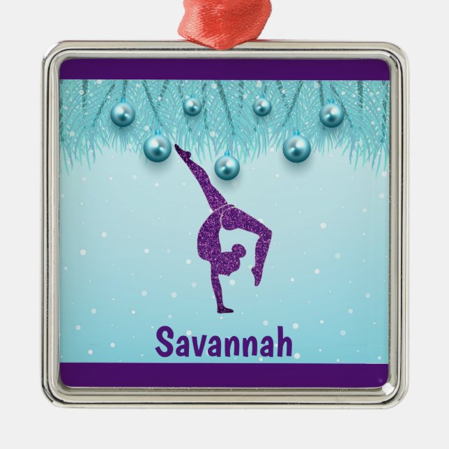 Ornement Carré Argenté Gymnastique Noël violet Aqua Personnalisé (Devant)