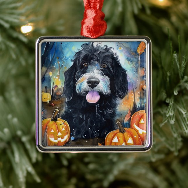 Ornement Carré Argenté Halloween Bernedoodle Avec La Peur Citrouille (Arbre)
