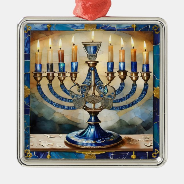 Ornement Carré Argenté Hanoukka bleue Menorah (Devant)