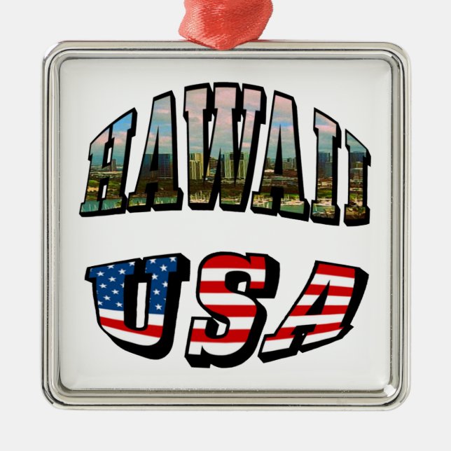Ornement Carré Argenté Hawaii Picture et USA Flag Text (Devant)