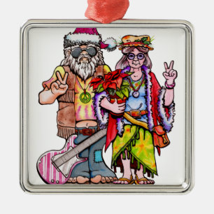 Ornement Carré Argenté Hippie Santa Couple