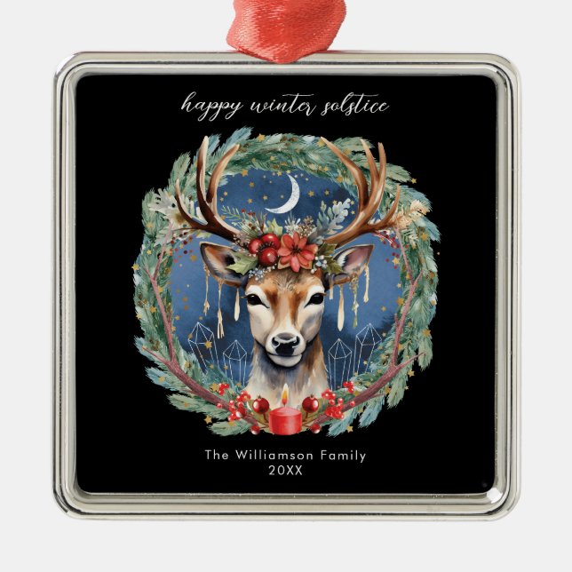 Ornement Carré Argenté Hiver Solstice vacances Deer Wreath Yule Noël (Devant)