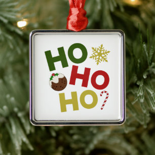Ornement Carré Argenté HO HO HO+Christmas Pudding, bonbons, flocon de nei