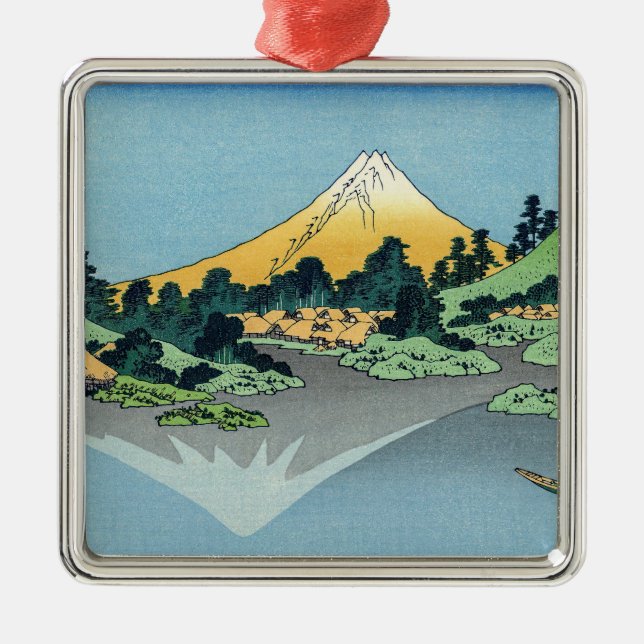 Ornement Carré Argenté Hokusai - Le Mont Fuji reflète le lac Kawaguchi (Devant)