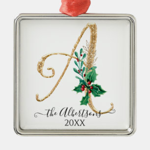 Ornement Carré Argenté Holly Christmas Gold Parties scintillant Monogramm