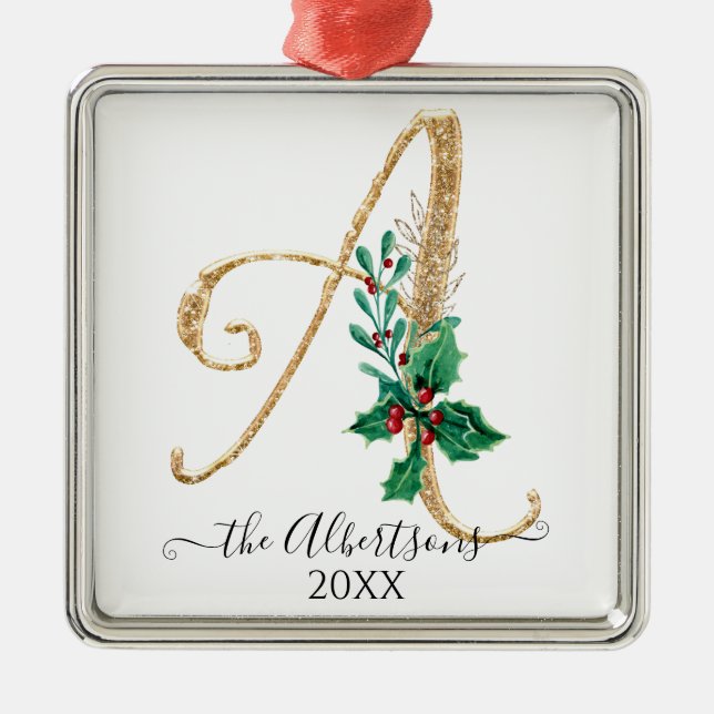 Ornement Carré Argenté Holly Christmas Gold Parties scintillant Monogramm (Devant)