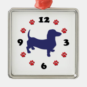 Ornement Carré Argenté Horloge Dachshund Doxie