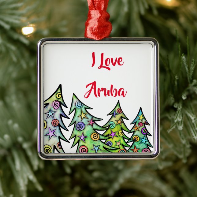 Ornement Carré Argenté I Love Aruba Holiday Ornament (Arbre)