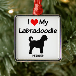 Ornement Carré Argenté I Love My Labradoodle Dog Silhouette