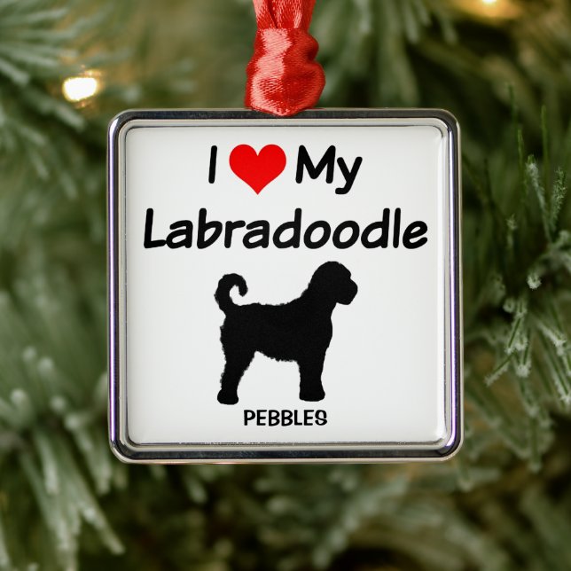 Ornement Carré Argenté I Love My Labradoodle Dog Silhouette (Arbre)