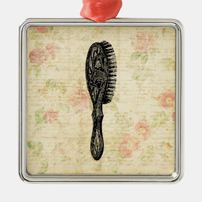 Ornement Carré Argenté Illustration Classique Femme Cheveux Brush Floral  (Devant)