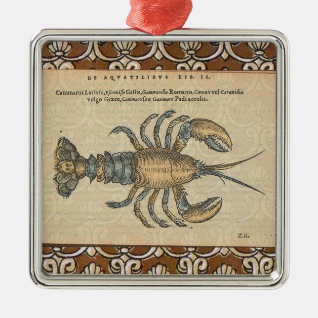 Ornement Carré Argenté Illustration de homard, fruits de mer du Maine (Devant)