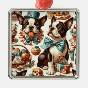 Ornement Carré Argenté Illustration Retro Cute Boston Terrier