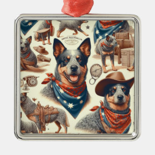 Ornement Carré Argenté Illustration vintage Australian Cattle Dog