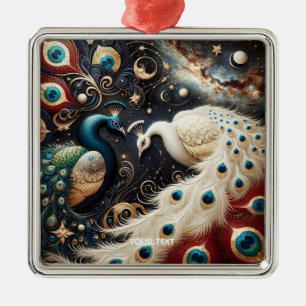 Ornement Carré Argenté Imaginaire Cute Peacocks Crescent Plumes