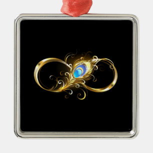 Ornement Carré Argenté Infinité avec plume de paon doré