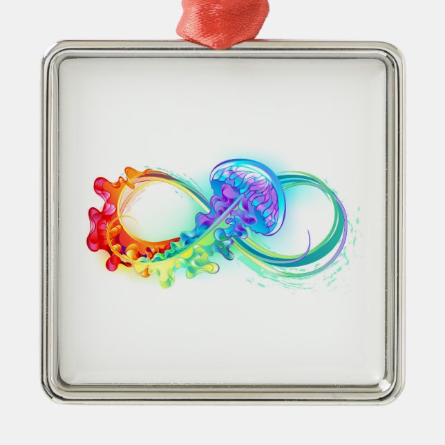 Ornement Carré Argenté Infinity avec Rainbow Jellyfish (Devant)