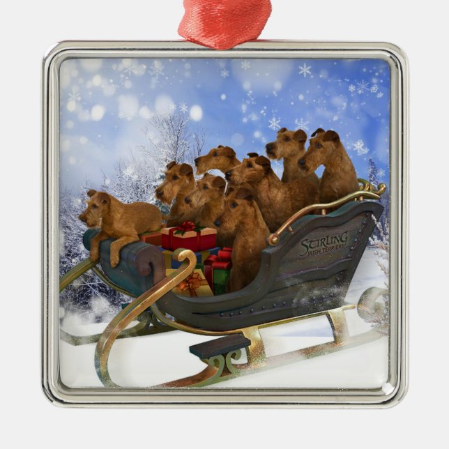 Ornement Carré Argenté Irlandais Terriers Sleigh Ride (Devant)