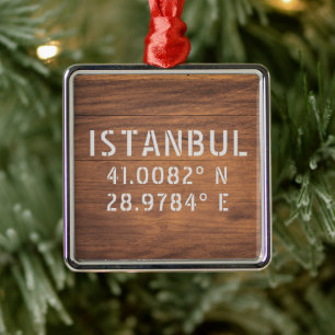 Ornement Carré Argenté Istanbul Latitude et Longitude Bois foncé