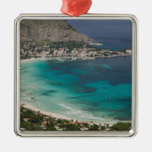 Ornement Carré Argenté Italie, Sicile, Mondello, Vue de la plage depuis