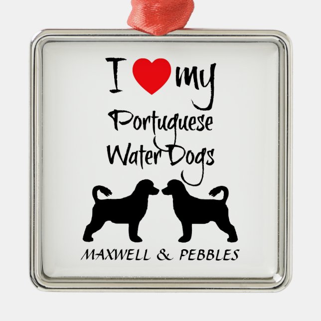 Ornement Carré Argenté J'Aime Mes Chiens D'Eau Portugais (Devant)