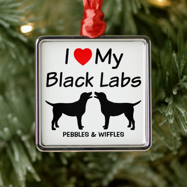 Ornement Carré Argenté J'Aime Mes DEUX Chiens Du Black Lab (Arbre)