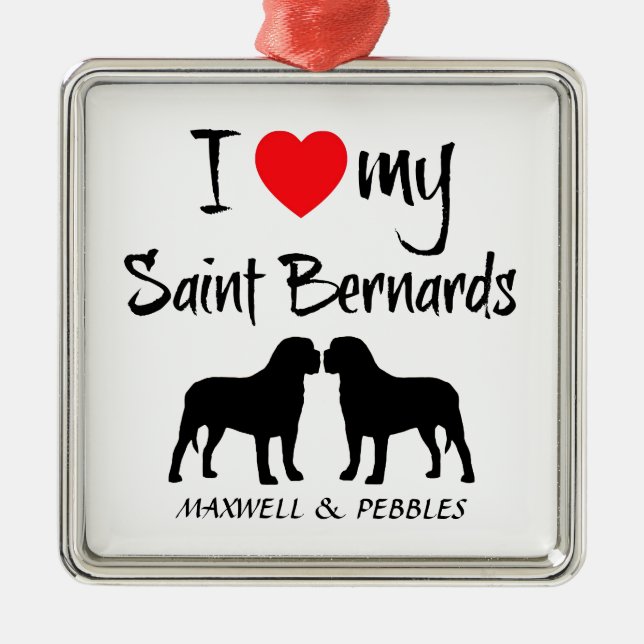 Ornement Carré Argenté J'Aime Mes Deux Chiens Saint Bernard (Devant)