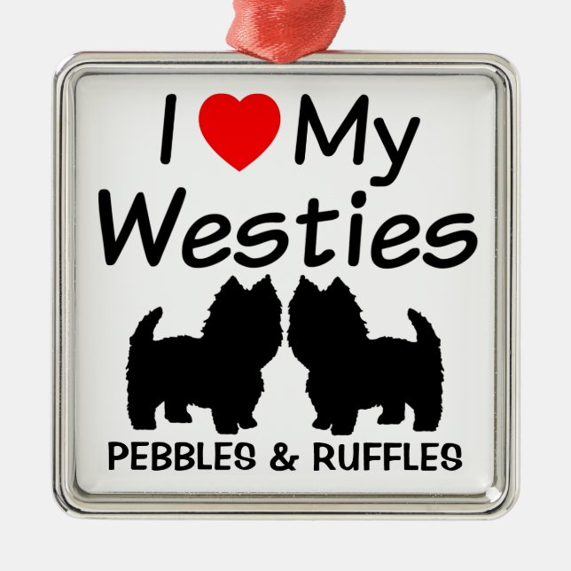 Ornement Carré Argenté J'Aime Mes Deux Chiens Westie Ornament (Devant)