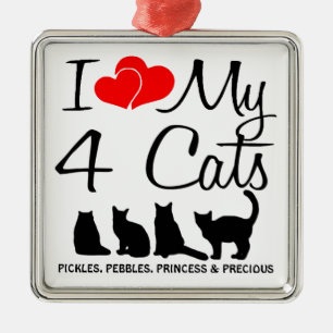 Ornement Carré Argenté J'aime mes quatre chats