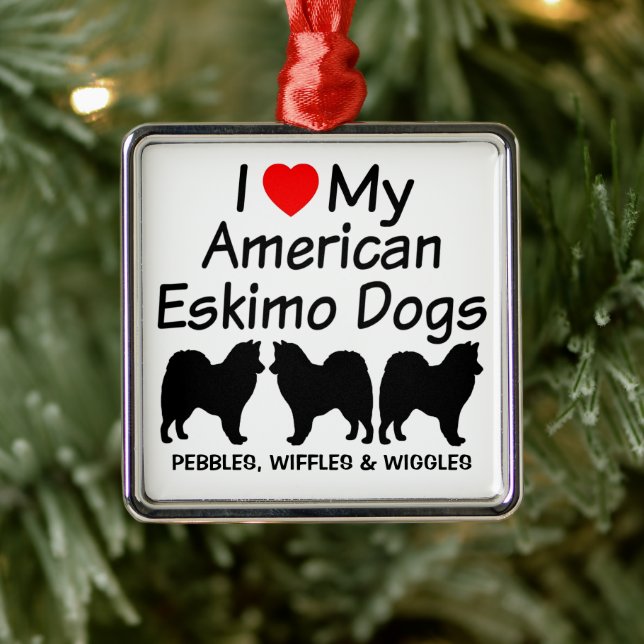 Ornement Carré Argenté J'Aime Mes Trois Chiens Ésquimaux Américains (Arbre)