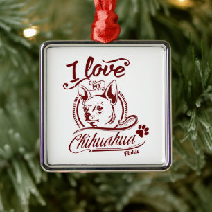 Ornement Carré Argenté J'aime mon Chihuahua Noël