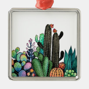 Ornement Carré Argenté Jardin mignon de cactus d'aquarelle dans le pot