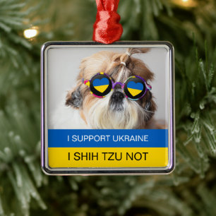 Ornement Carré Argenté Je soutiens l'Ukraine Je Shih Tzu Pas de drapeau d