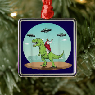 Ornement Carré Argenté Jésus À cheval Un Dinosaure Drôle Alien UFO Bigfoo