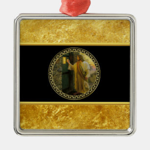 Ornement Carré Argenté Jésus à votre porte dans la feuille d'or et le